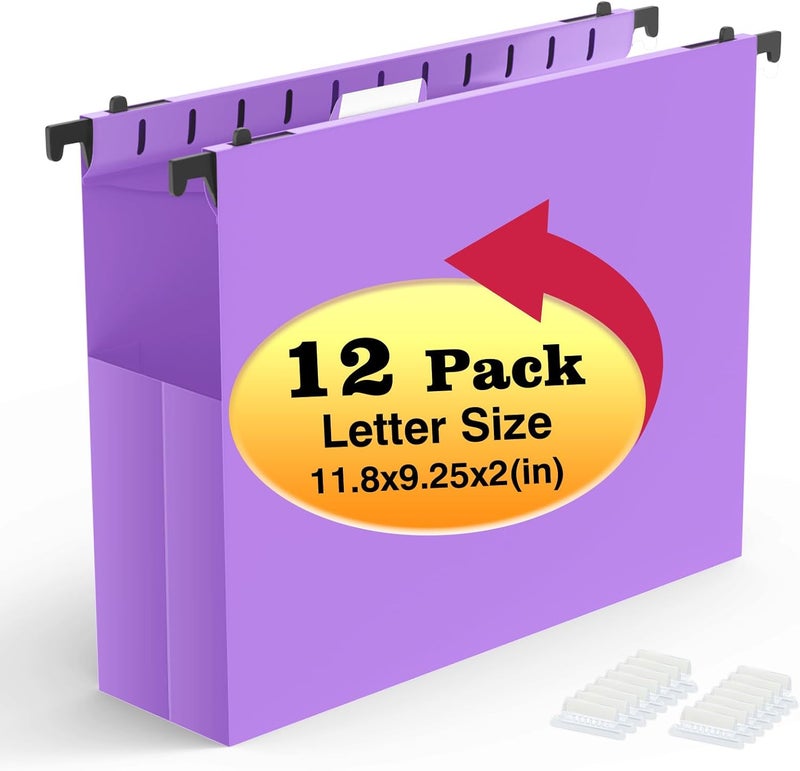 SHUTEX Extra Capacity Plastic Hanging File Folders,12 Pack Reinforced Expanding Hang Folder Letter Size,Accordian Pocket,Heavy Duty 2 Inch Expansion,Hanging Folder Organizer for Office Home,Purple - Image 1